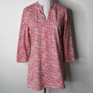 J McLaughlin Women's Red White Brickwork Print Split Neck 3/4 Sleeve Tunic Small